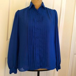 Vintage Lloyd Williams sheer cobalt blue long sleeved collared office blouse 6